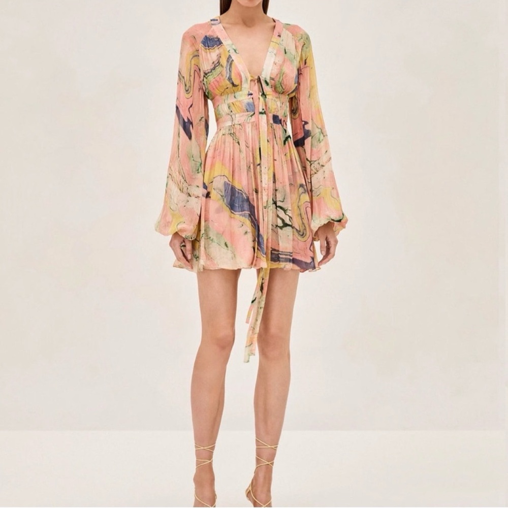 Alexis Pink Marble-Print Long-Sleeve Mini Dress